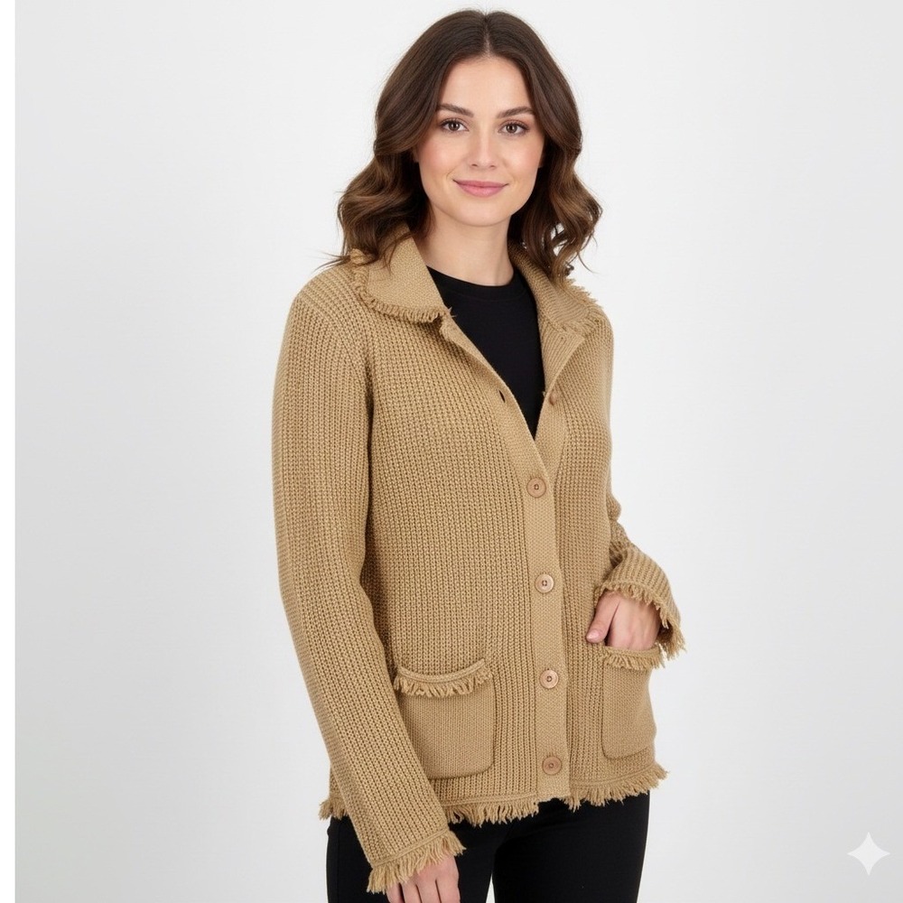 Vintage Chadwicks Tan Knit Button Front Cardigan Sweater Fringe Collar Pockets M